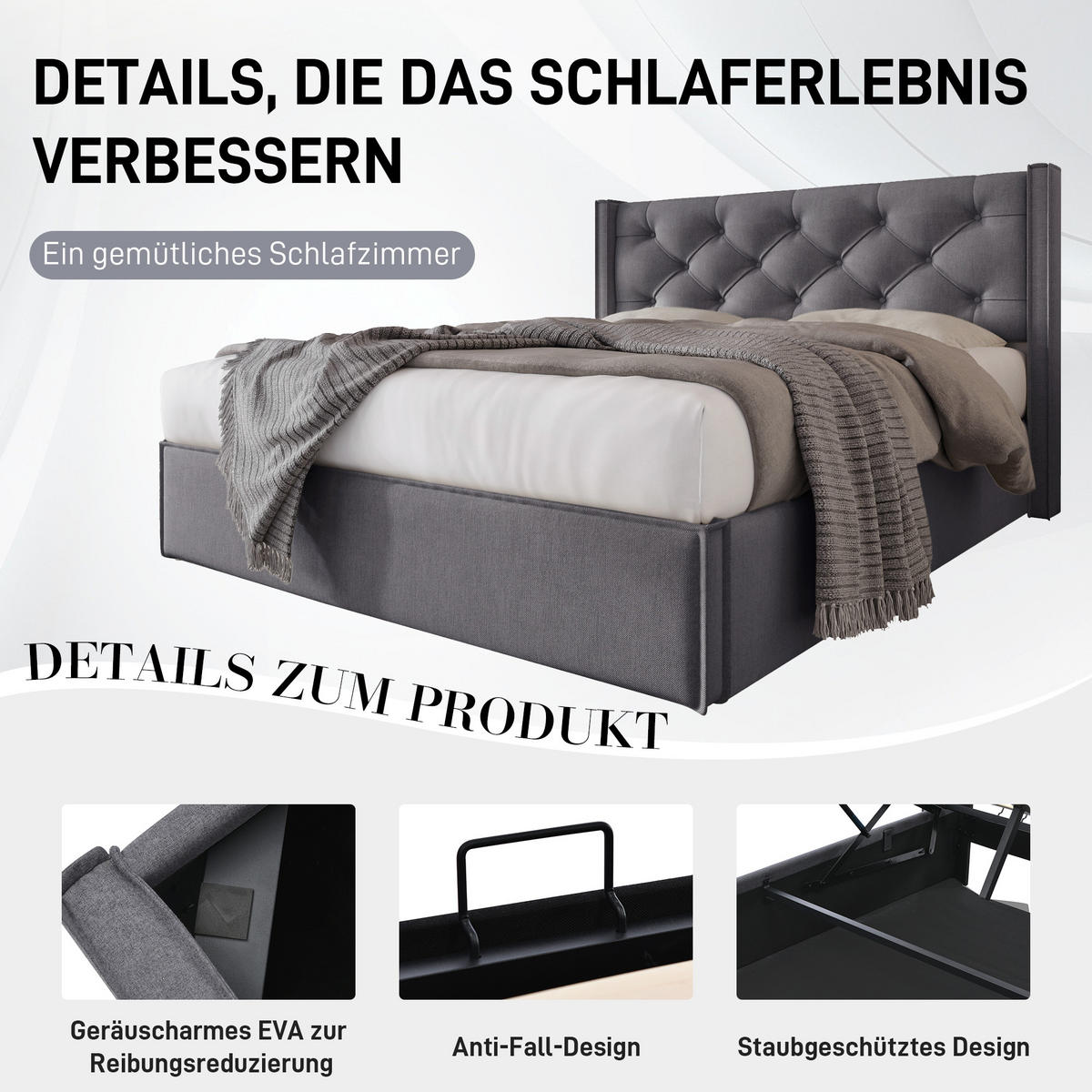 POLSTERBETT 140/200 cm Grau mit Stauraum und Lattenrost - Grau, Textil (140/200cm) - Oxeza