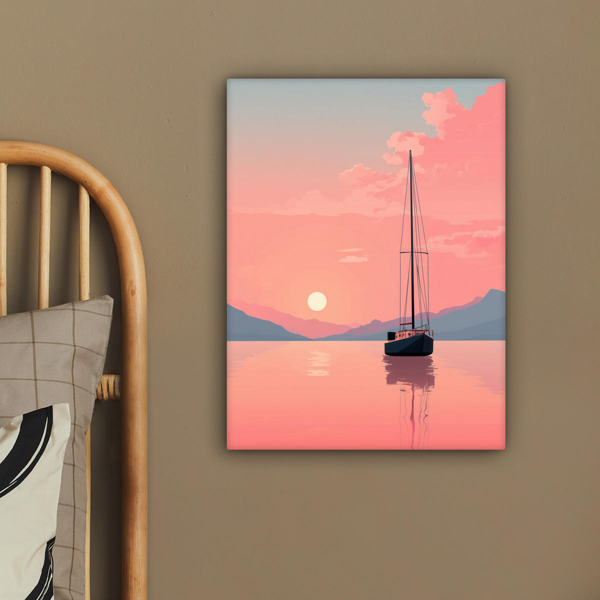 LEINWANDBILD Segelboot - Rosa Meer - Sonnenuntergang - Berge Room Decor 30x40 cm - Rosa, Textil (30/40cm) - MuchoWow