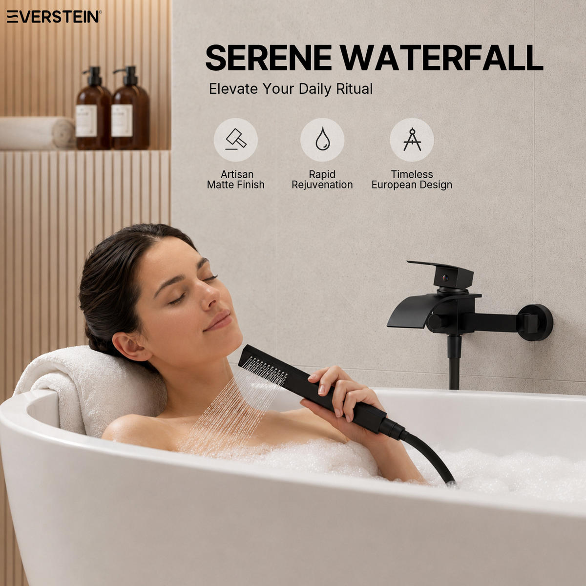 BADEWANNENARMATUR SFS-5005 Schwarz Matt, Aufputz mit Wasserfallauslauf 200 mm Handbrause 1500 mm Einhebel 150 mm Stichmaß - Schwarz, Metall (6/20/23cm) - Everstein