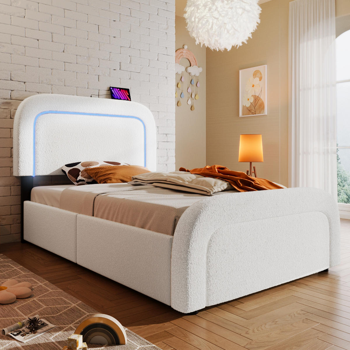 POLSTERBETT aus Sherpa 90x200 cm in Weiß mit LED-Beleuchtung & Ladestation - Weiß, Textil (90/200cm) - Modfu