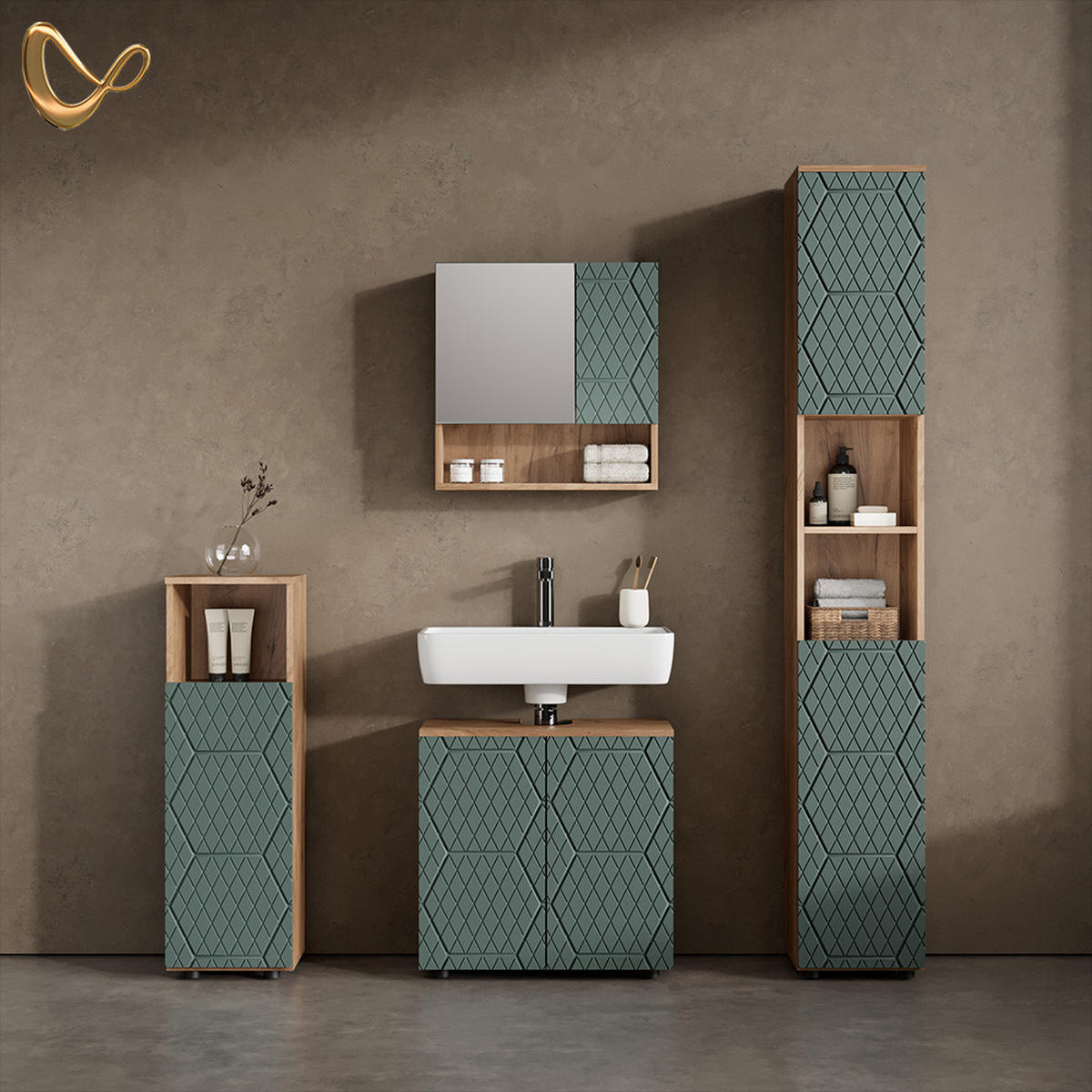 BADMÖBEL-SET Ronco Grün/Goldkraft Eiche 4 Teile, mit Hochschrank - Eiche Wotan/Grün, Holzwerkstoff (60/59/30cm) - Livinity®