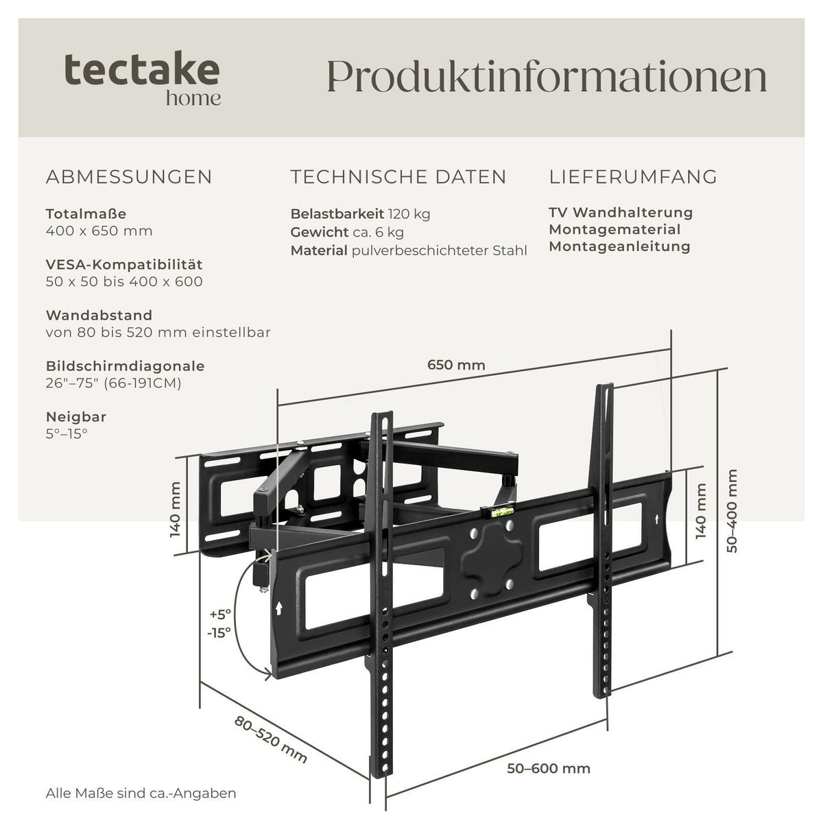 TV-WANDHALTERUNG, bis 120 kg, schwarz - Schwarz, Metall (65/40/52cm) - tectake