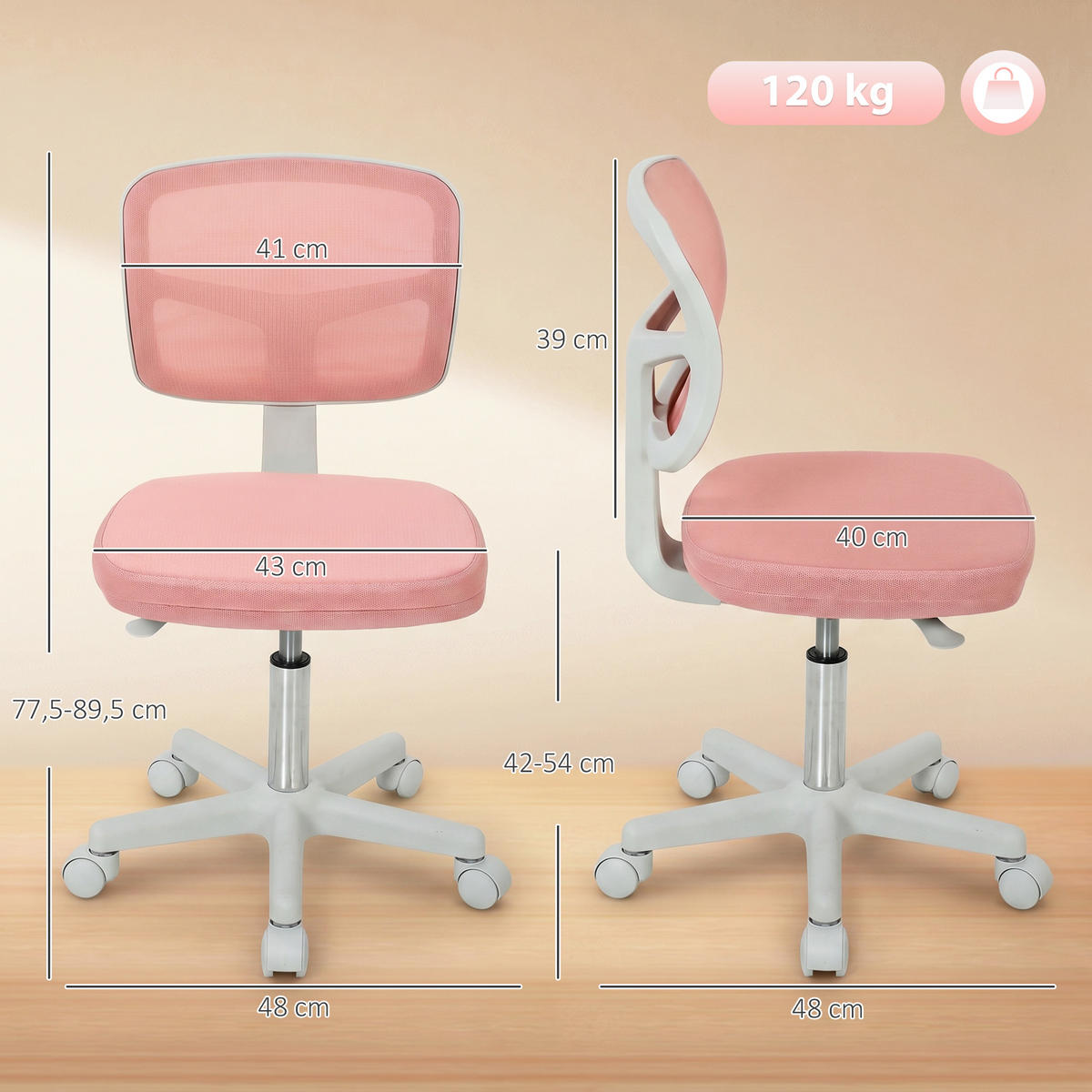 BÜROSTUHL Rosa ohne Armlehnen 48/48/77,5-89,5 cm - Pink, Textil (48/89.5/48cm) - PANGIVO