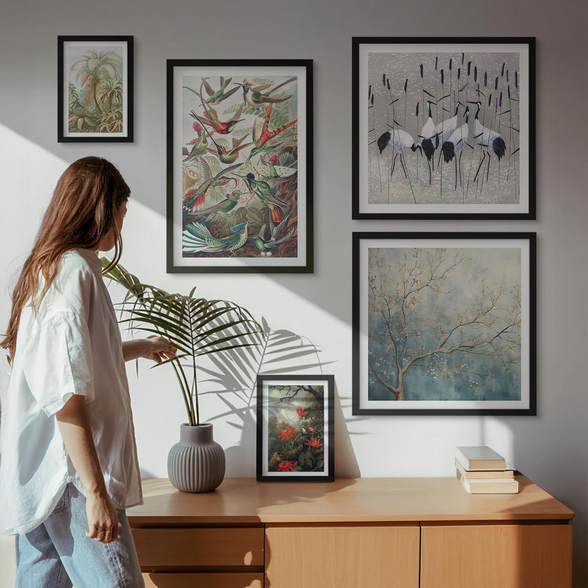 BILDER SET 5er Set - 50x50 cm & 20x30 cm & 40x60 cm Schwarzer Rahmen - Pastellfarbene Berglandschaft mit rosa Flamingos - Schwarz, Kunststoff (40/60cm) - TULUP