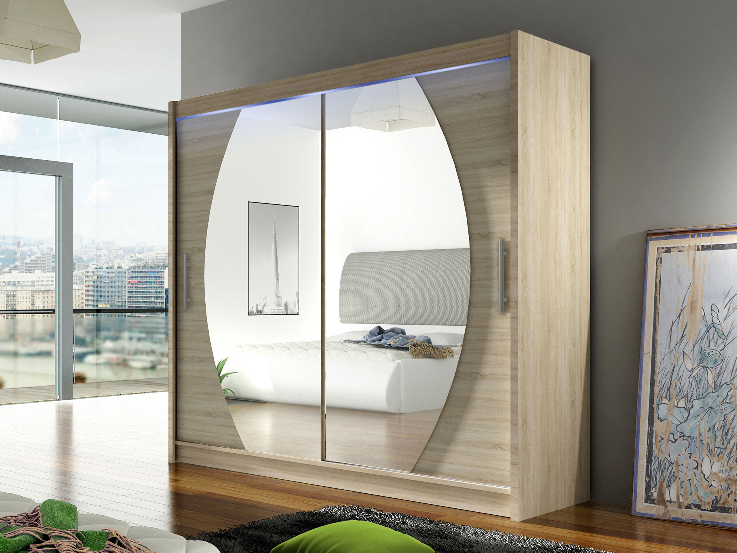 KLEIDERSCHRANK London IV, mit RGB LED Beleuchtung - Silberfarben/Sonoma Eiche, Holzwerkstoff/Kunststoff (180/215/58cm) - MIRJAN24