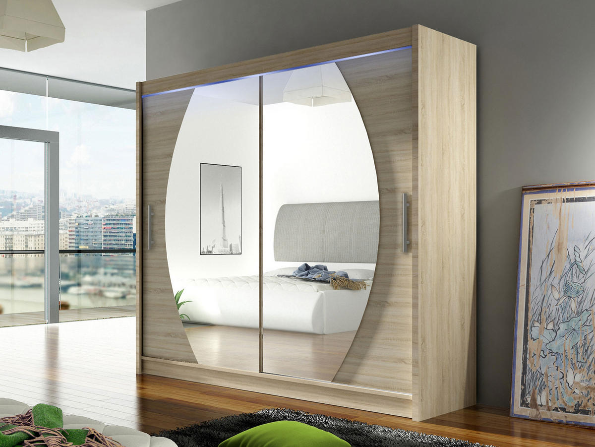 KLEIDERSCHRANK London IV, mit RGB LED Beleuchtung - Silberfarben/Sonoma Eiche, Holzwerkstoff/Kunststoff (180/215/58cm) - MIRJAN24