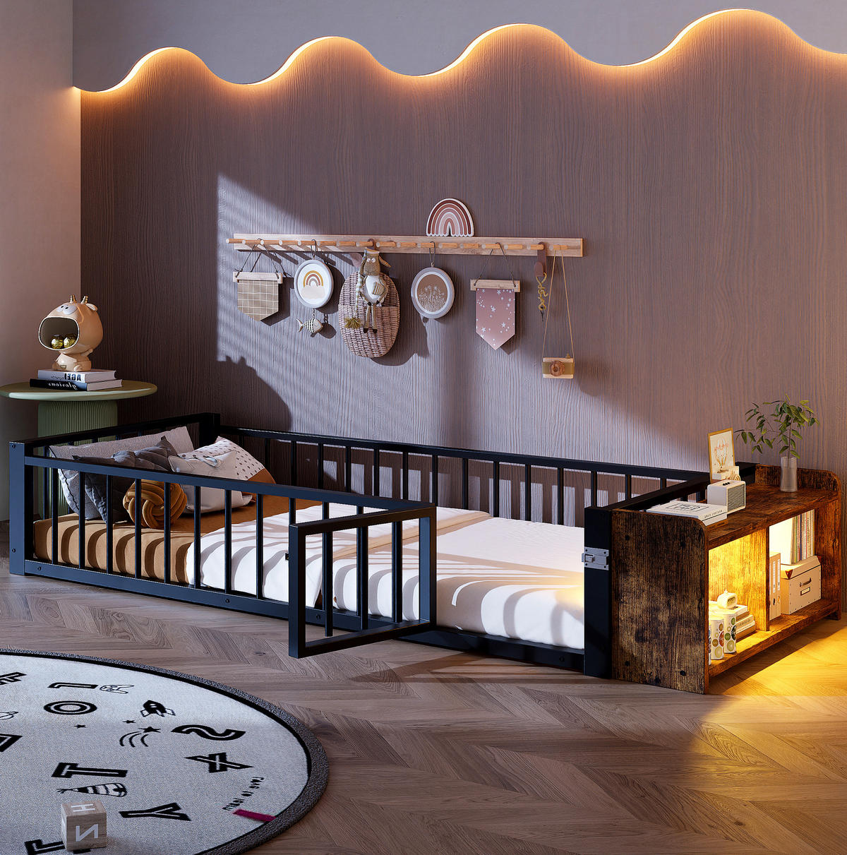 KINDERBETT 90/200 cm Schwarz aus Metall und MDF mit Schutzgeländer und Stauraum - Schwarz, Metall (90/200cm) - OKMYHOME