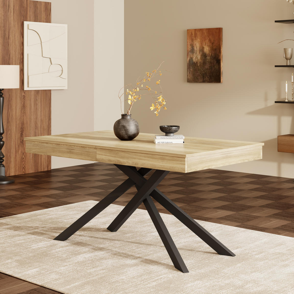 ESSTISCH in Eiche ausziehbarer Küchentisch mit verdickter Tischplatte und Metallbeinen für Esszimmer ,B140-180/T80/H76cm - Eichefarben/Schwarz, Holzwerkstoff/Metall (80/180/76cm) - STILVORA