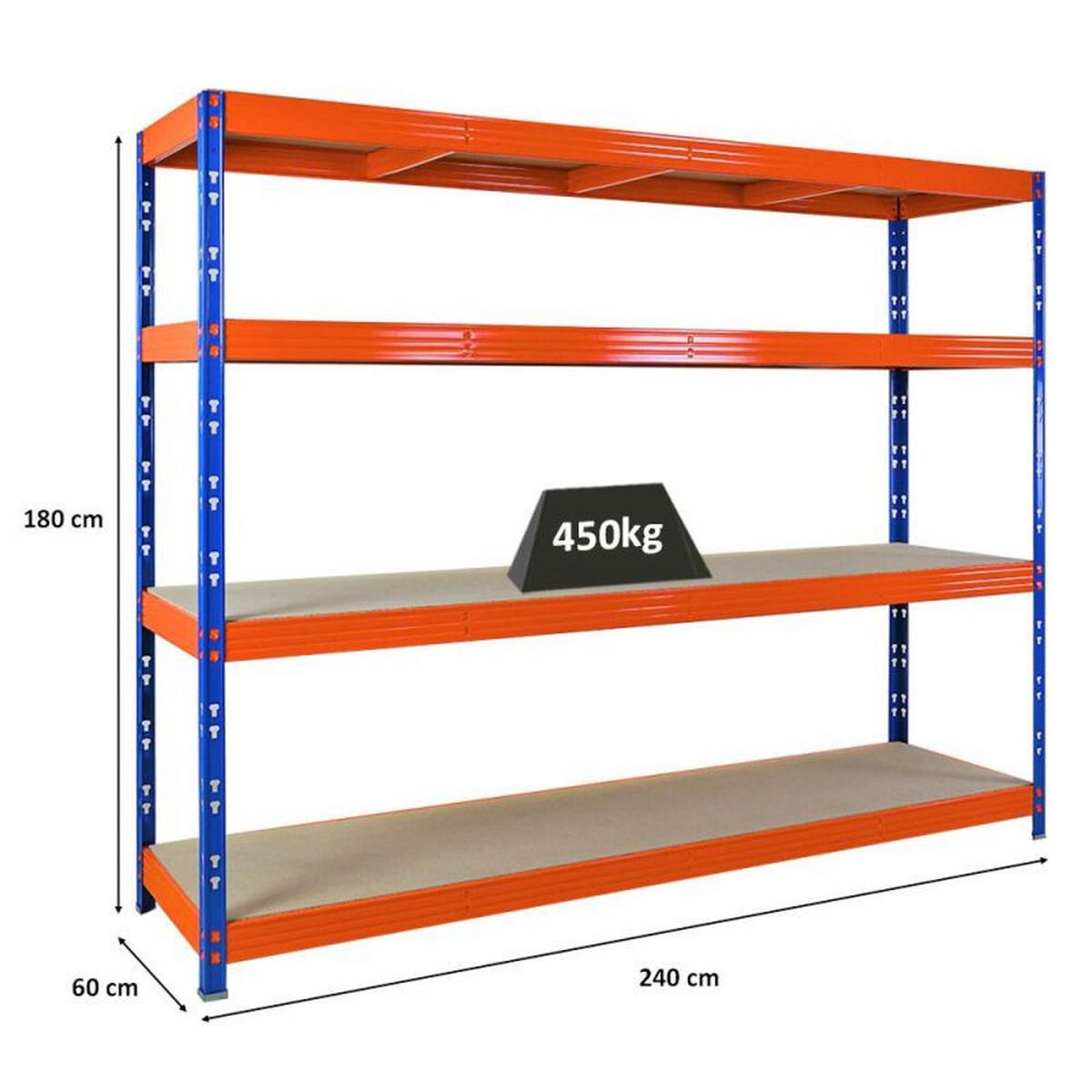 SCHWERLASTREGAL Rhino 180x240x60cm, 4 Spanplatten-Ebenen 8mm, Fachlast 450kg, Blau/Orange - Orange, Metall (240/180/60cm) - PROREGAL