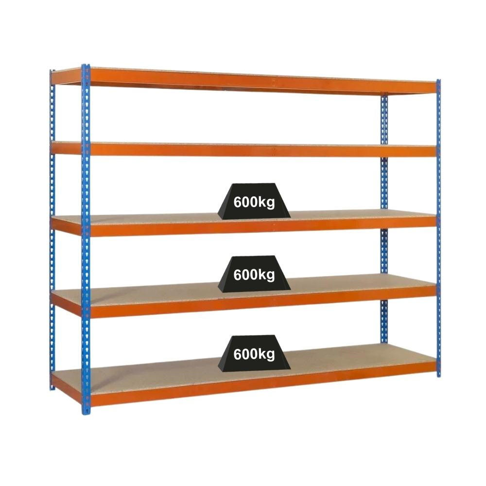 SCHWERLASTREGAL Wood Beast Five HxBxT 200 x 180 x 90 cm 5 Ebenen Fachlast 600 kg Blau-Orange - Gelb, Metall (180/200/90cm) - PROREGAL