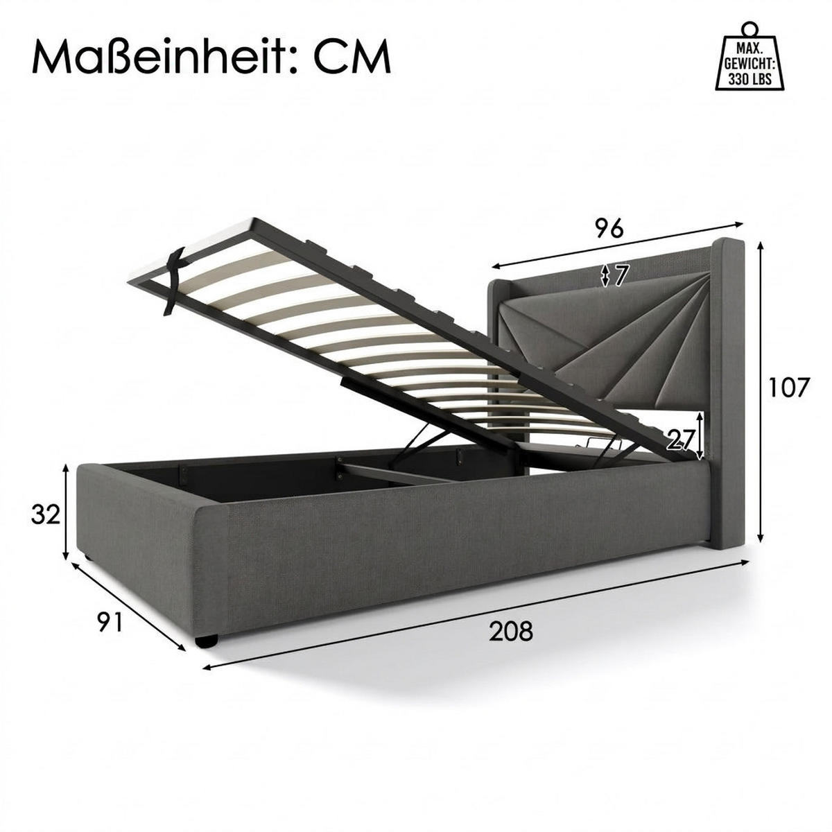 POLSTERBETT 90/200 cm Grau mit USB Typ C Ladefunktion und Stauraumbetten (Ohne Matratze) - Grau, Textil (90/200cm) - Oxeza