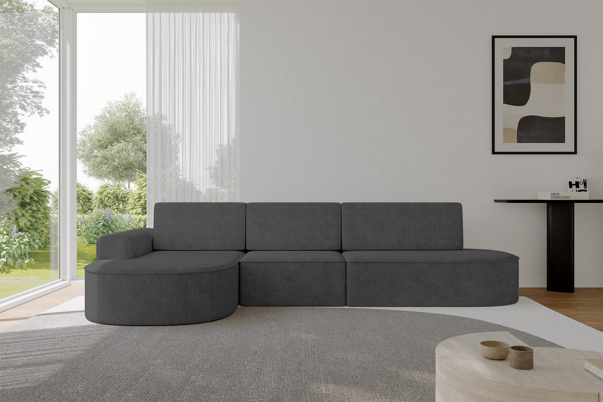 ECKSOFA mit Schlaffunktion Ottomane Links MARI L2-S 368X167X85 Dunkelgrau Velours - Dunkelgrau/Schwarz, Holzwerkstoff/Kunststoff (368/167cm) - ALTDECOR