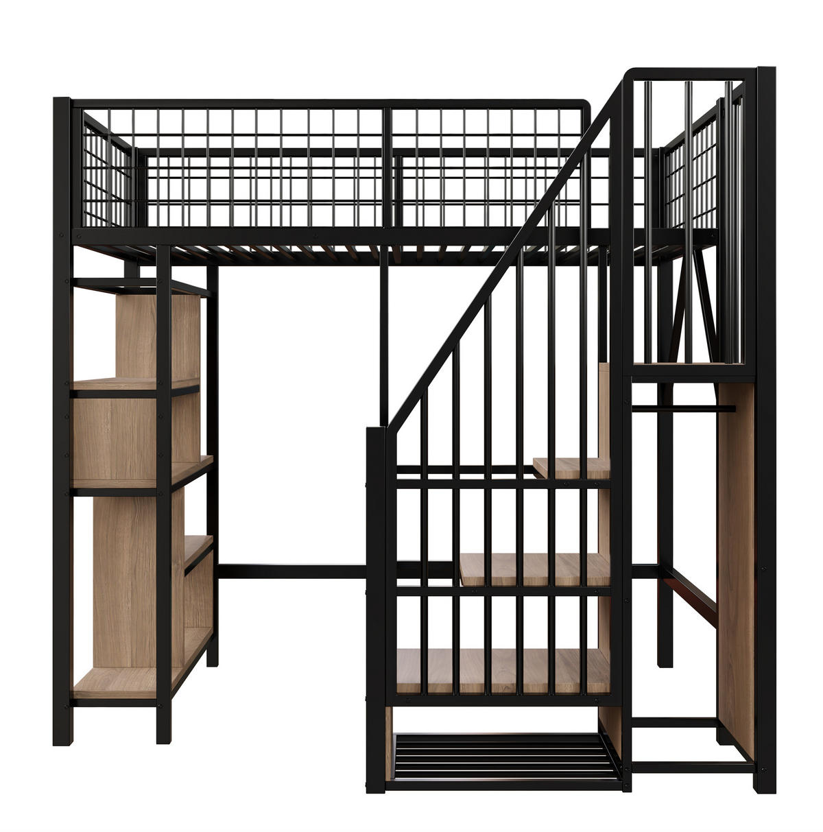 HOCHBETT 90/200 cm aus Metall und Holzwerkstoff mit Stauraumtreppe und Regalfächern, Schwarz - Schwarz, Metall (90/200cm) - Redom