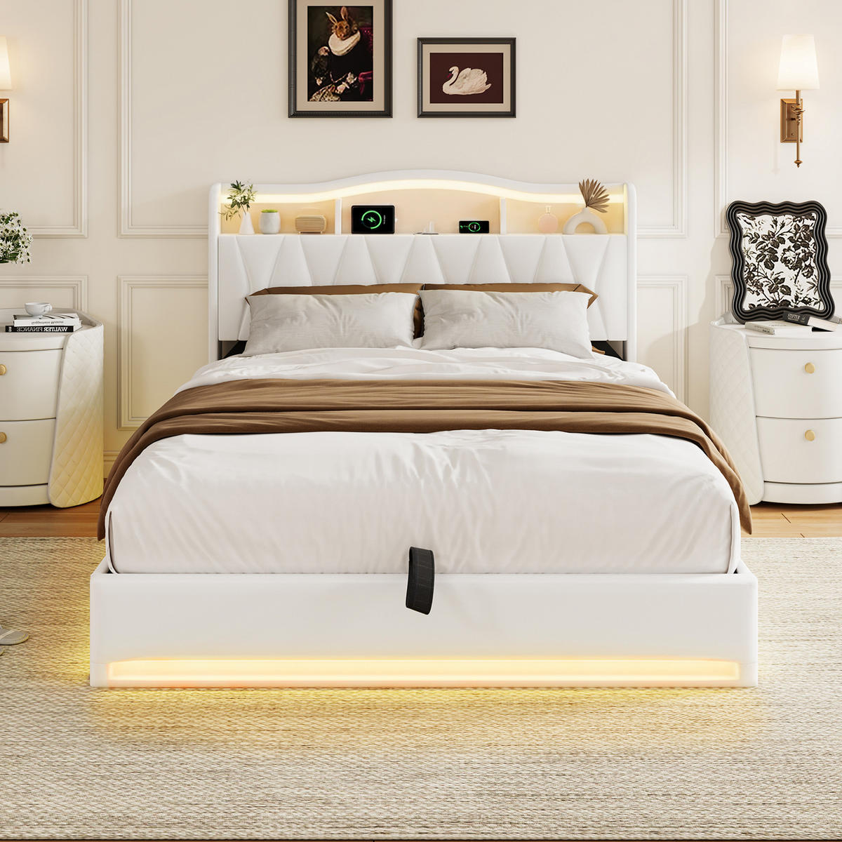 KLÄDD säng 160/200 cm beige med sänglåda och USB-portar - Beige, Trä (160/200cm) - SHOPENTRA