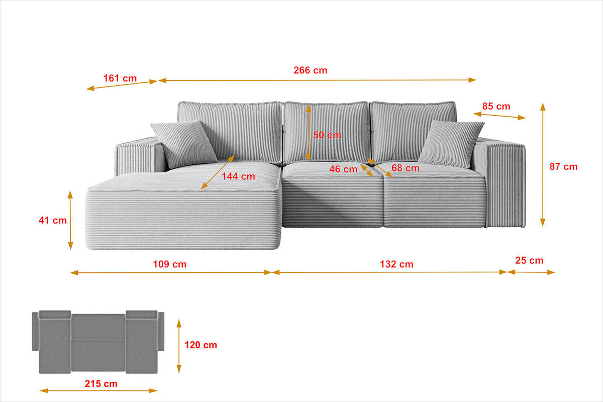 ECKSOFA mit Schlaffunktion und Bettkasten SERRA-L-S - 266x161x87 cm Grau Cord - Schwarz/Grau, Holzwerkstoff/Kunststoff (266/161cm) - ALTDECOR
