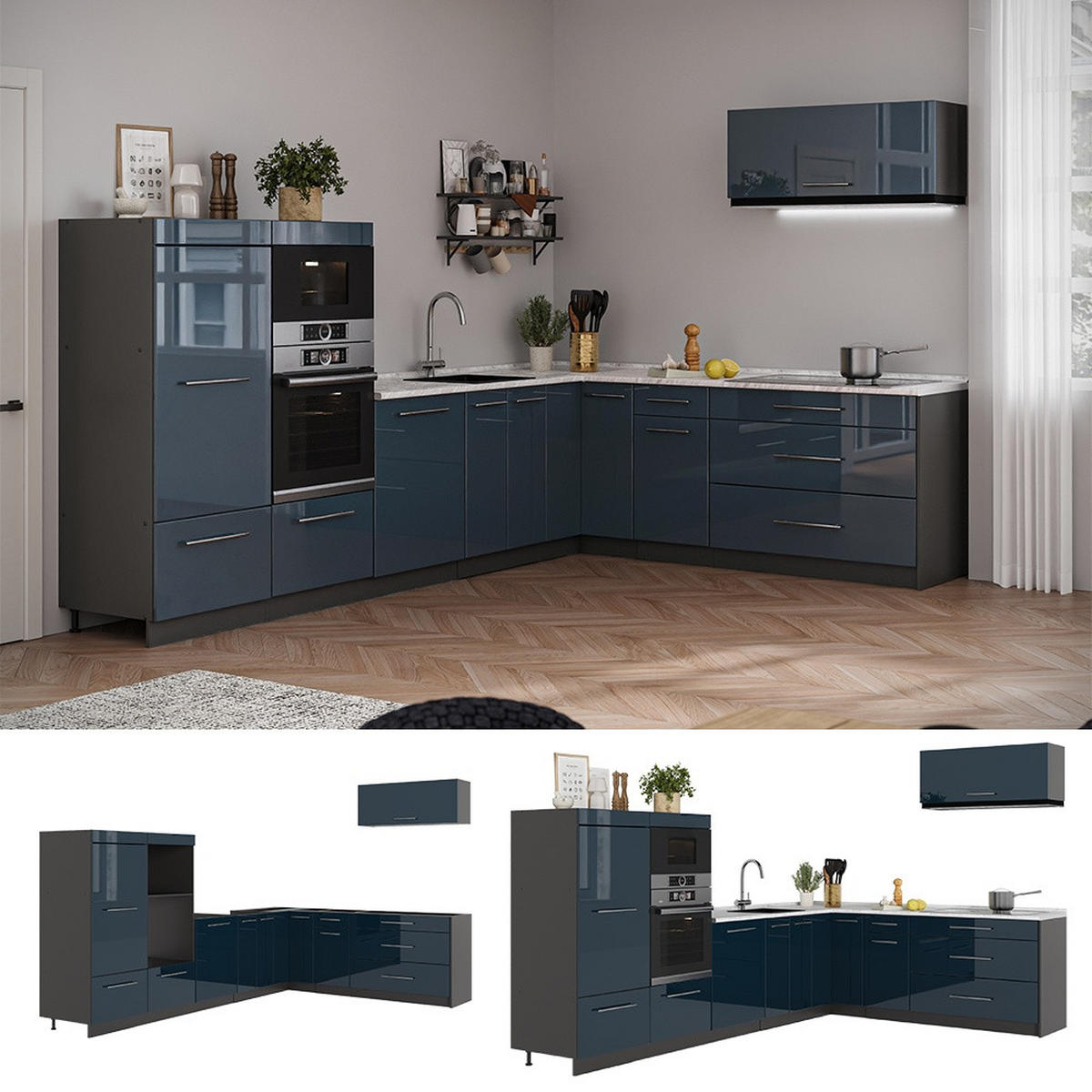 KUHINJA U OBLIKU SLOVA L Fame-Line, Tamnomodra Sjajna/Antracit, 327 x 227 cm bez radne ploče - tamno plava/antracit, drvni materijal (327/153.6/51.6cm) - Vicco