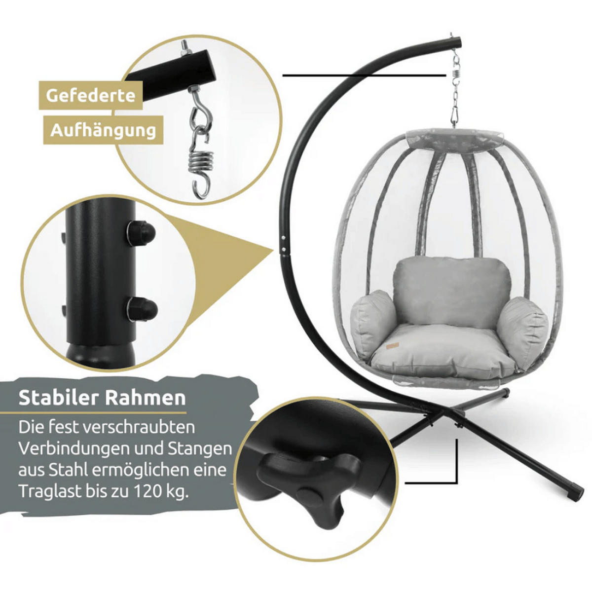 HÄNGESESSEL mit Gestell MELA Indoor/Outdoor Grau - Grau, Metall (120/185/100cm) - DELUKE