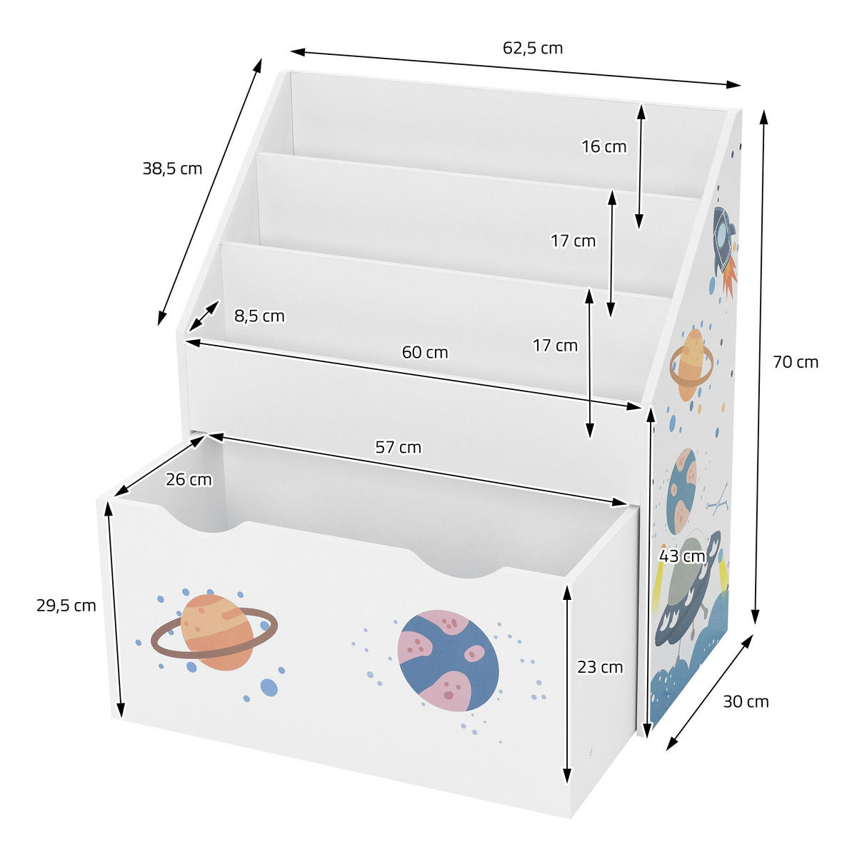 KINDERREGAL 3 Fächer mit Schublade - Weiß, Holzwerkstoff (62.5/70/30cm) - Joyz
