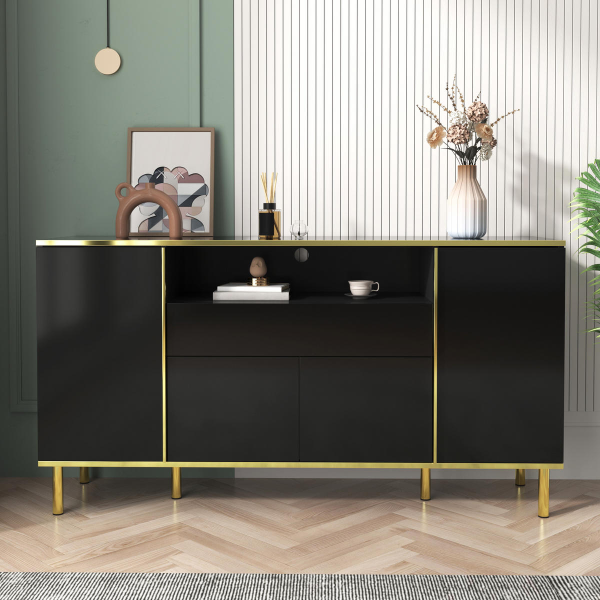 SIDEBOARD 150x40x80cm Schwarz Hochglanz Mit 1 Schublade - Schwarz, Holzwerkstoff (40/80/150cm) - FLIEKS