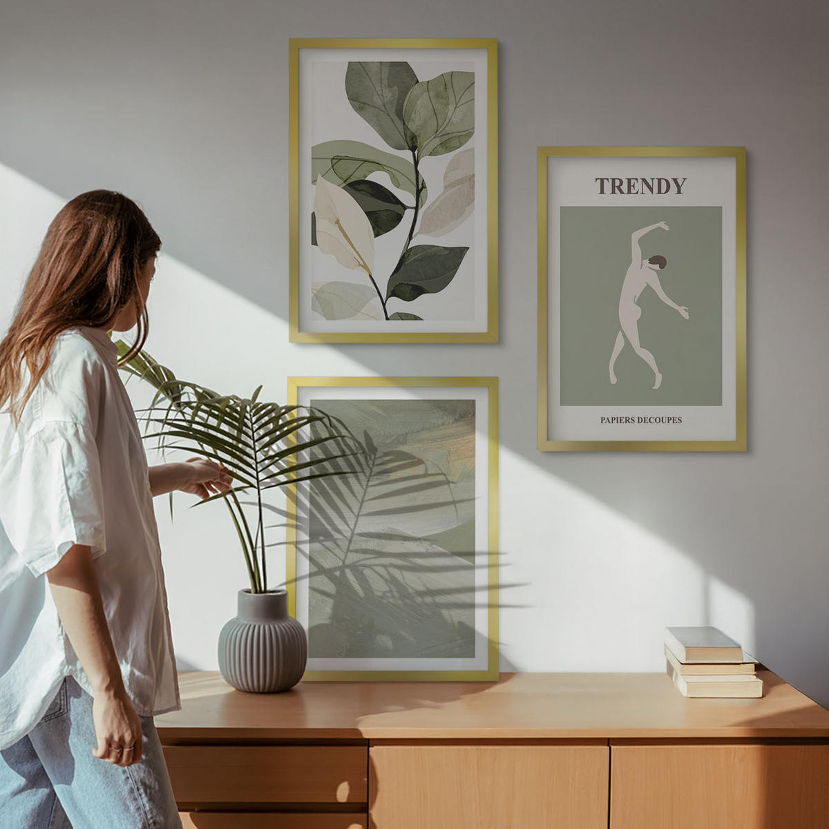 BILDER SET 3er Set - 40x60 cm Goldrahmen - Abstrakte Pflanzensilhouettenmuster - Goldfarben, Kunststoff (40/60cm) - TULUP