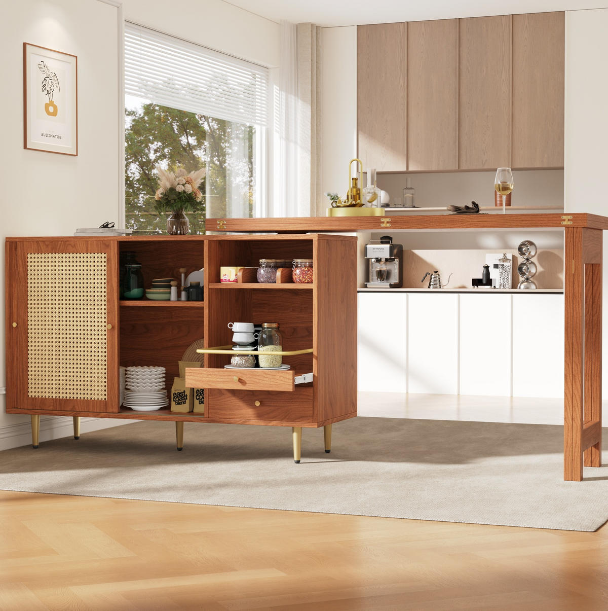 BARTISCH für Küche 107/40/71,4 cm, drehbar & klappbar mit Stauraum - Braun, Holzwerkstoff (187/40/76cm) - BEAOK