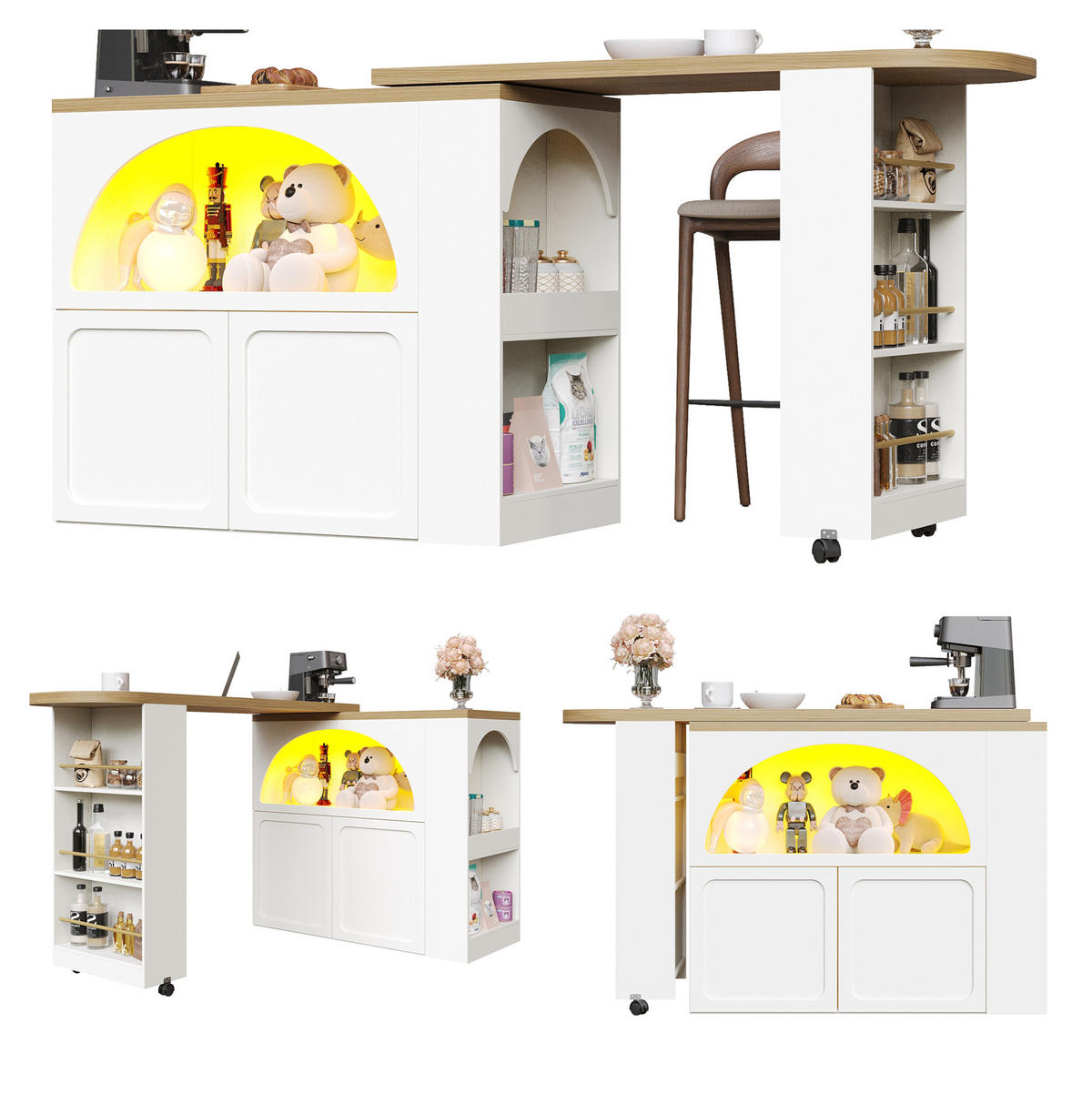 BAROVÝ stůl z MDF 135-205x39x100 cm bílý, rozkládací, pojízdný s LED, USB a úložným prostorem - bílá, kompozitní dřevo (205/100/39cm) - Modfu