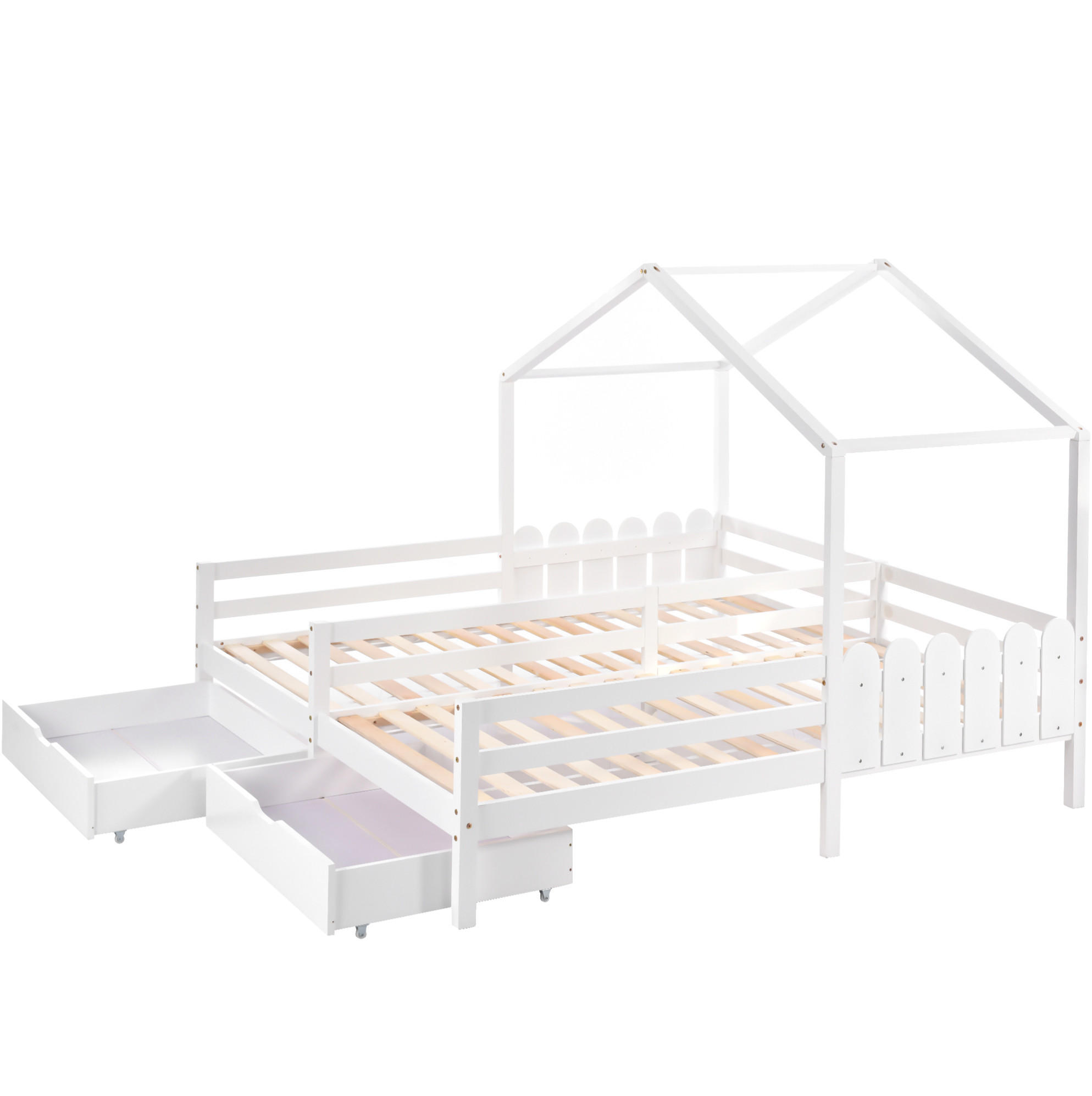 HAUSBETT aus Kiefer und MDF 200x90 cm Weiß mit 2 Schubladen, Schutzgitter und geteiltem Hausbett-Design - Weiß, Holzwerkstoff (90/200cm) - Modfu