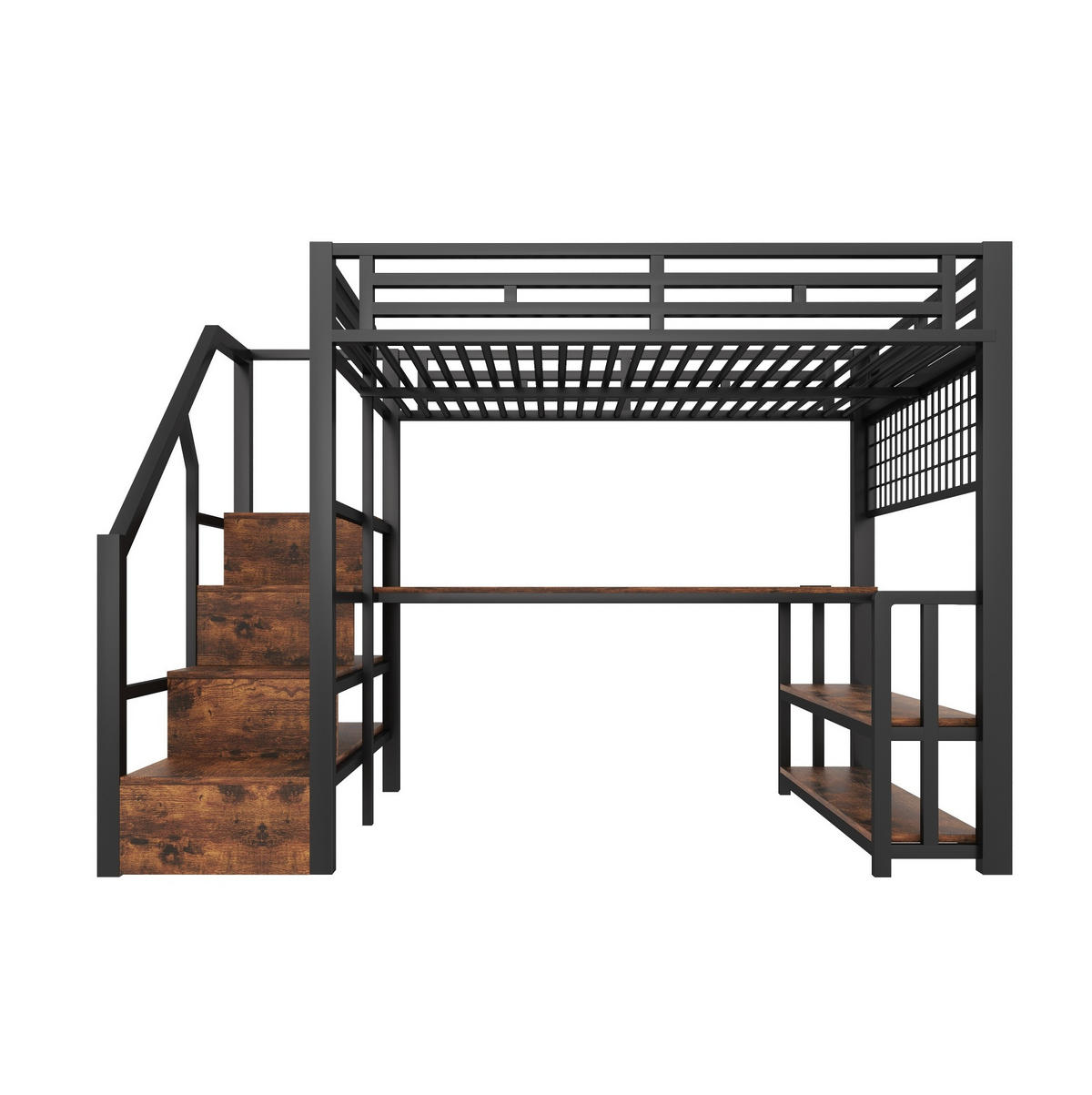 HOCHBETT 140/200 cm in Schwarz – mit Schreibtisch, Stauraumtreppe und LED - Schwarz, Metall (140/200cm) - BEAOK