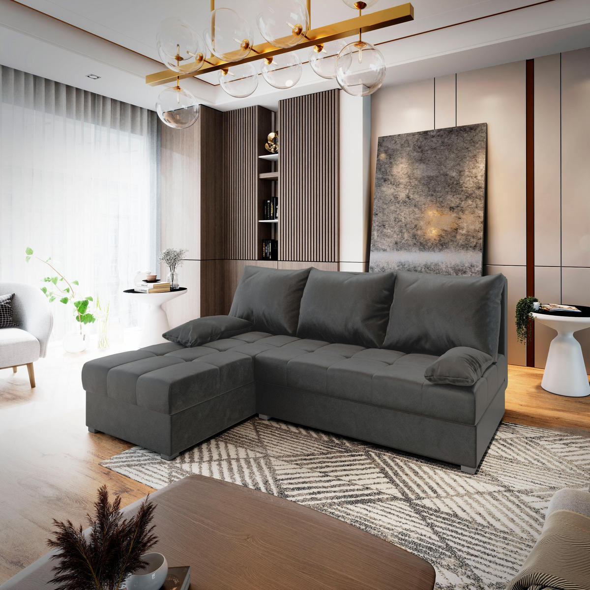 ECKSOFA RITA Grau Plüsch-Stoff mit Schlaffunktion - Grau, Holz (200/141cm) - MASSENO
