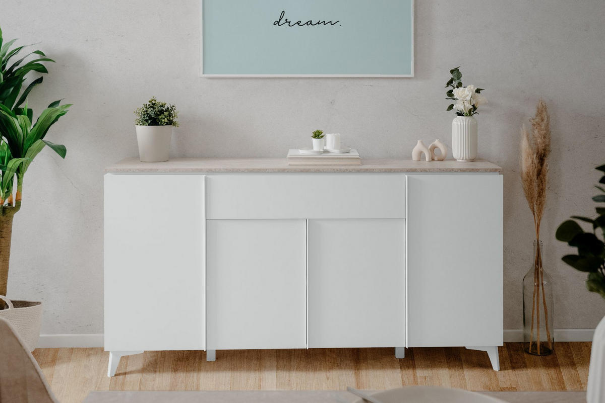 SIDEBOARD 4 Türen 1 Schublade L177 cm - BERTRIX - Weiß, Holzwerkstoff (177/92/40cm) - Finori GmbH