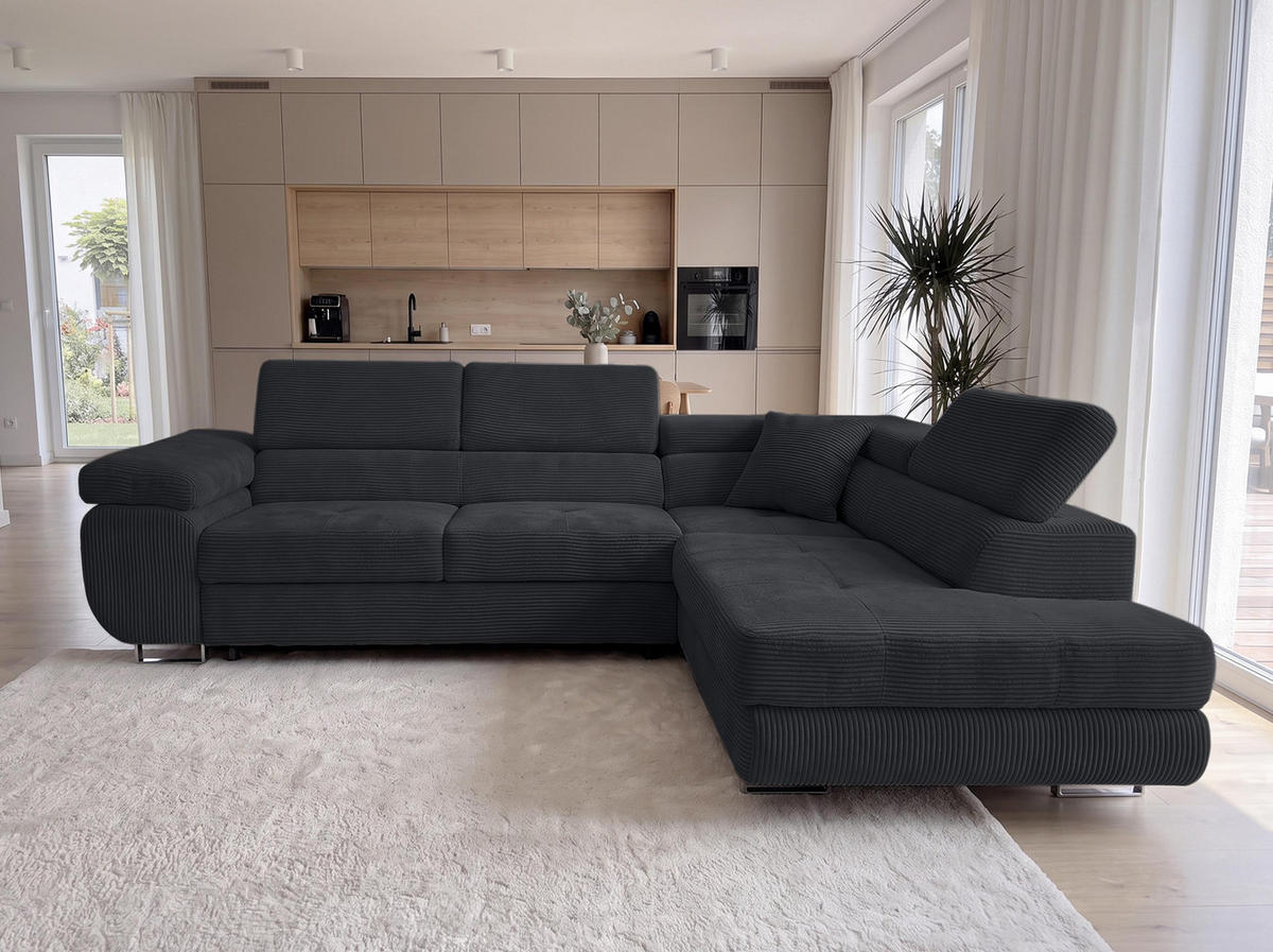 ECKSOFA L Form Konak Schwarz 276/201/90 cm Rechts mit Schlaffunktion - Silberfarben/Schwarz, Textil/Metall (276/203cm) - AX Living