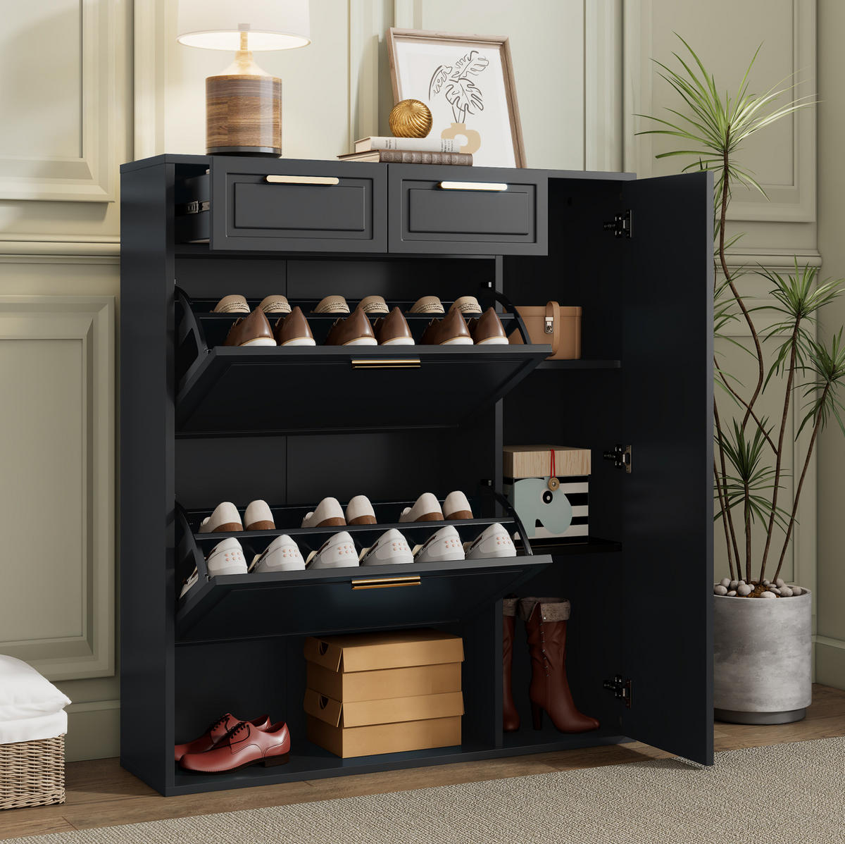 SCHUHSCHRANK 95/107/24 cm Schwarz aus Spanplatte mit verstellbaren Regalböden - Schwarz, Holzwerkstoff (95/107/24cm) - OKMYHOME