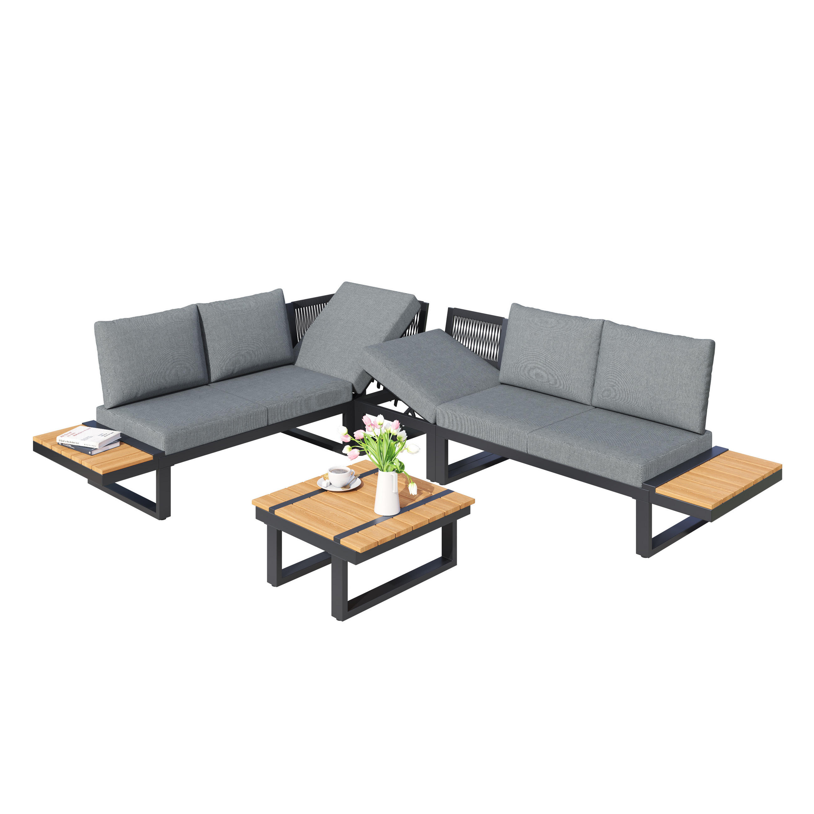 GARTENMÖBEL-SET 279/218/72 cm grau aus Stahl und Polyester mit Ablagen und verstellbarer Liegefunktion - Braun, Metall - OKWISH