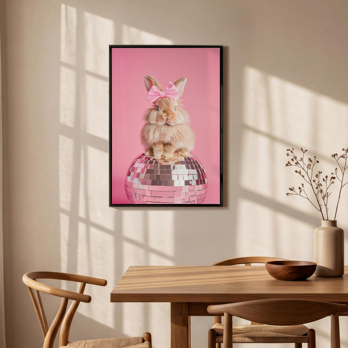 LEINWAND Bilder mit Rahmen - Schleife - Discoball - Kaninchen - 60x90 - Pink, Textil (60/90cm) - MuchoWow