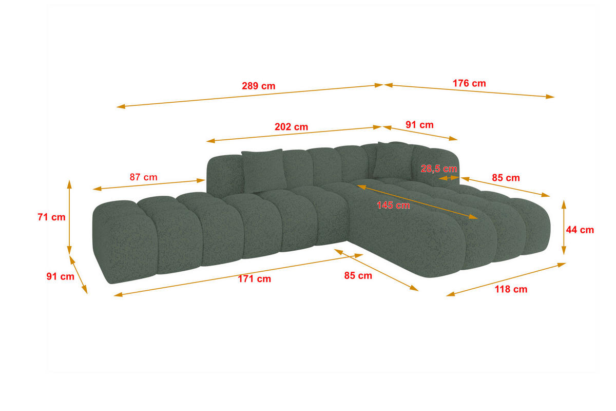 ECKSOFA Ottomane Rechts OLEA-L2 - 289x176x71 cm Grün - Schwarz/Grün, Holzwerkstoff/Kunststoff (289/176cm)
