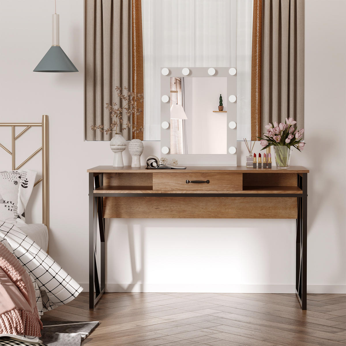 SCHREIBTISCH Schwarz und Walnuss-Optik mit Schublade und 2 Fächern 120/60/76 cm - Walnussfarben, Holzwerkstoff (60/120/76cm) - PANGIVO