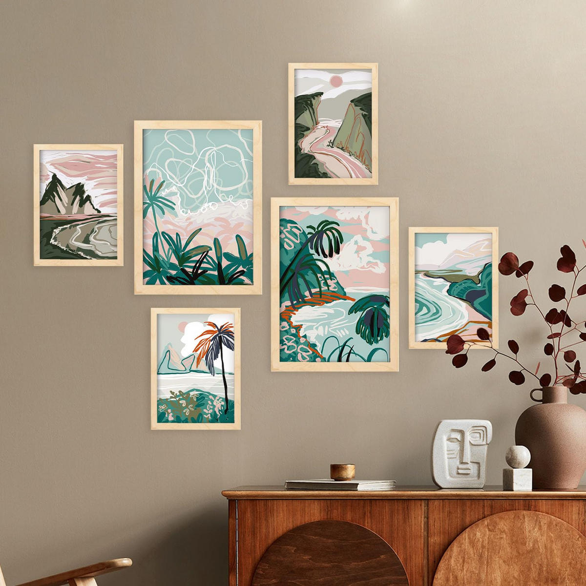 POSTER Set Mit 6 Seashores Frames 1 In Kulissen Abstracts Ästhetische Dekorative Gemälde Für Ihr Wohnzimmer Zuhause A3 & A4 Rahmen Aus Hellem Holz - Beige, Papier (29/3cm) - Nacnic