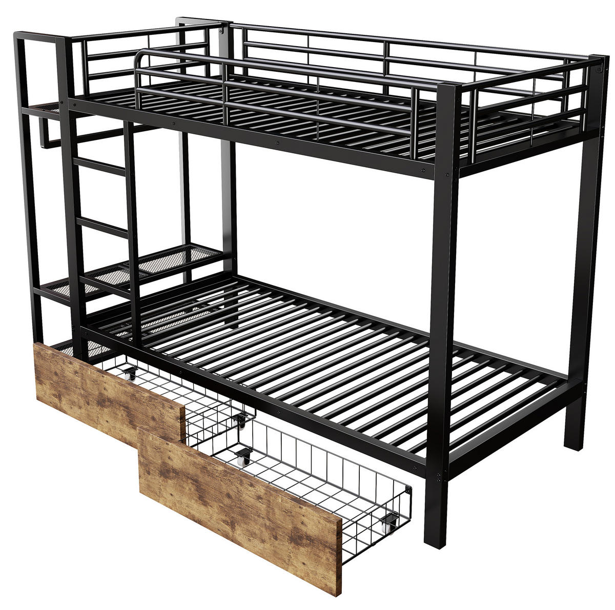 ETAGENBETT 90/200 cm aus Metall und MDF mit LED-Lichtleiste und Schubladen Schwarz - Schwarz, Metall (90/200cm) - Modenvie