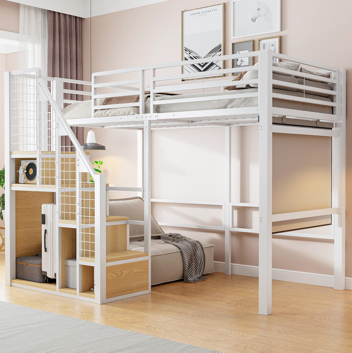 HOCHBETT 90/200 cm in Weiß mit Stauraum und Treppe aus Metall - Weiß, Metall (90/200cm) - Flora Grace