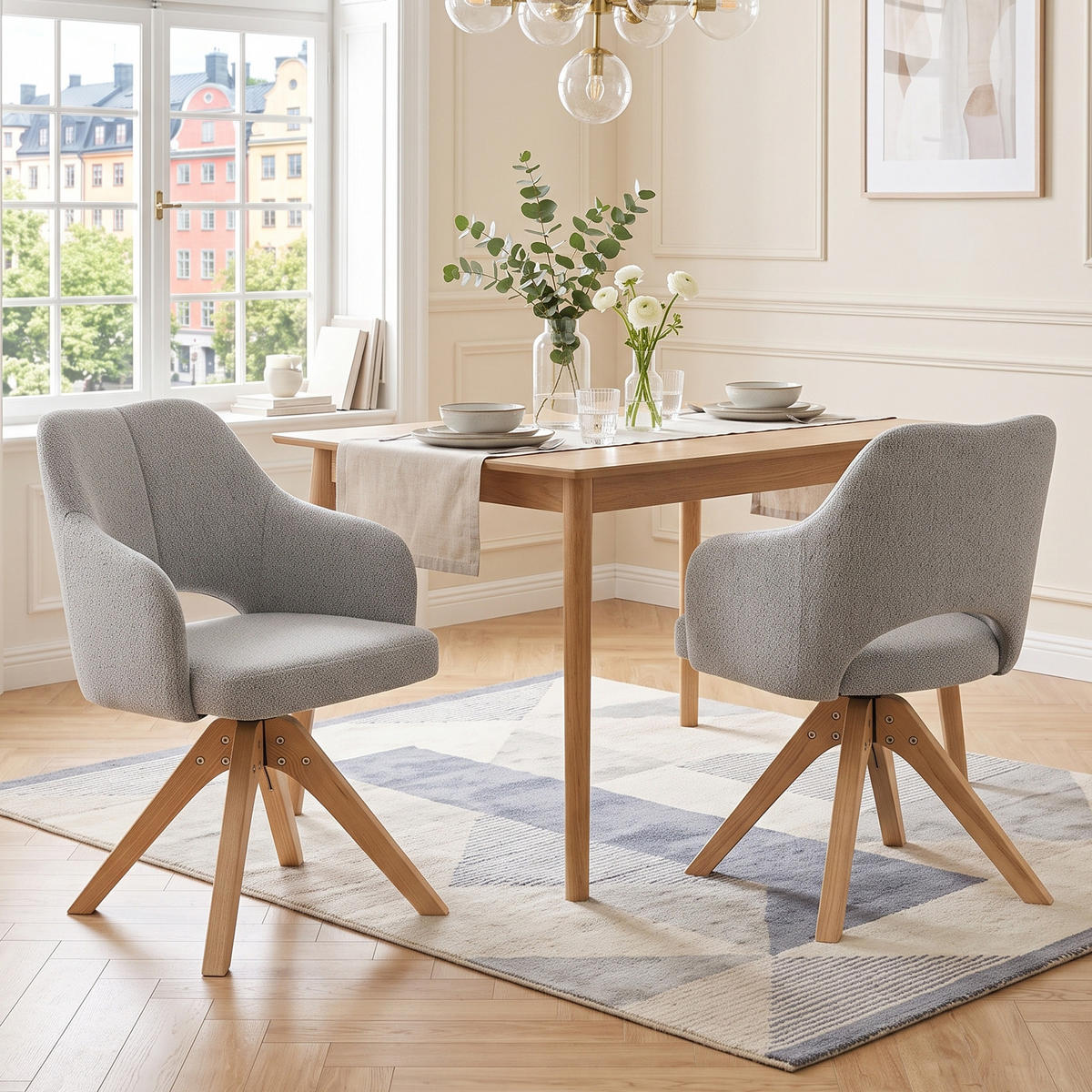ESSZIMMERSTÜHLE 2er-Set Drehbar Stoff Massivholz - Hellgrau, Textil (45/85/48cm) - Urban Meuble