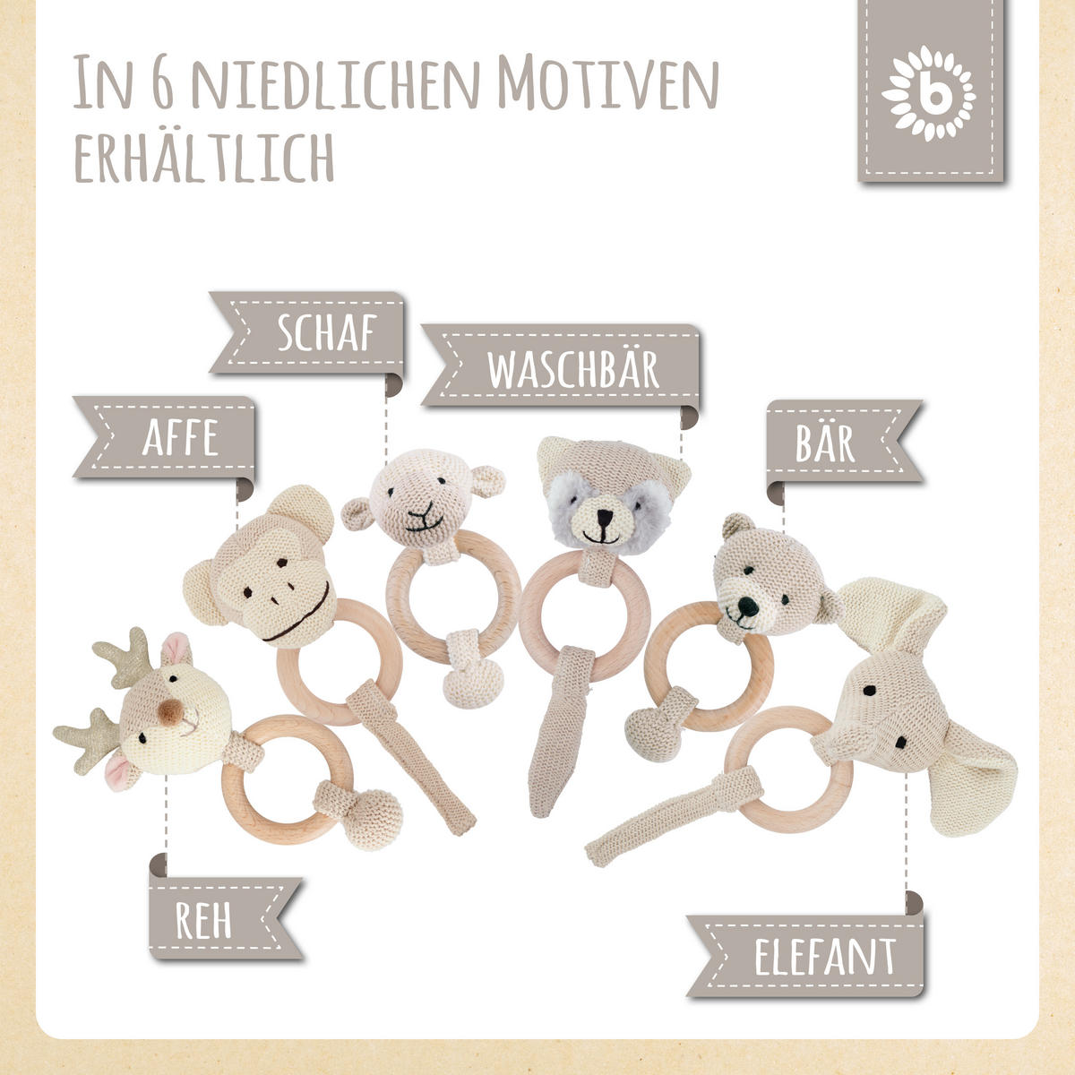 GREIFLING Holz Natur und Baumwolle mit R - Beige, Textil (9/20cm) - Bieco Spielwaren