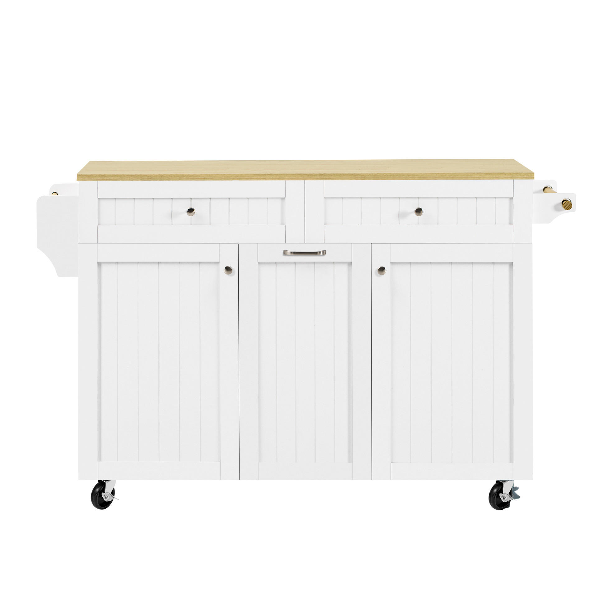 Redom KUCHYŇSKÝ ostrůvek 140/40-70/92 cm s výsuvnou a sklápěcí pracovní deskou, úložným prostorem a kolečky, Bílá a přírodní
