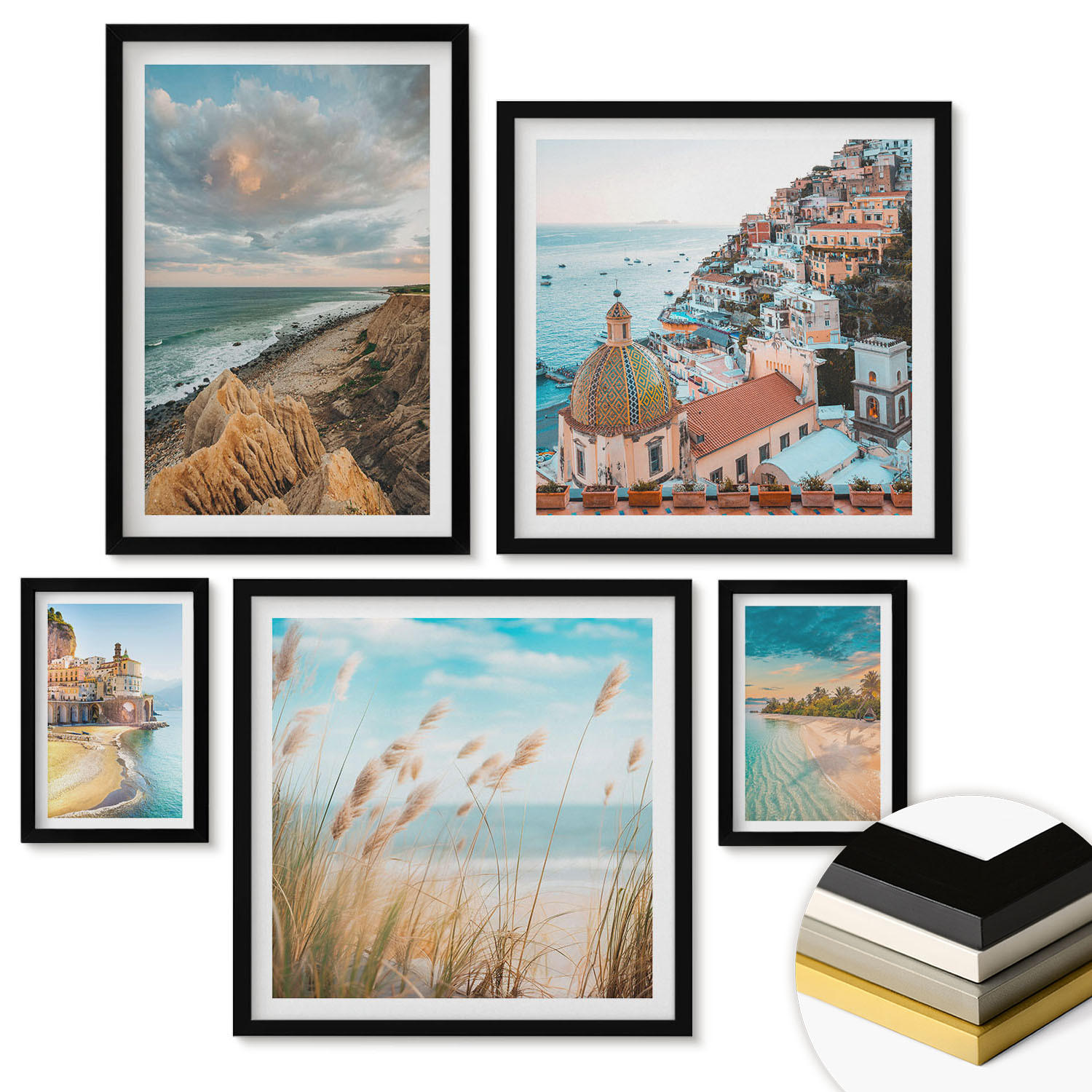 WANDBILDER 5er-Set - 50x50 cm & 20x30 cm & 40x60 cm Schwarzer Rahmen - Landschaften Strand Stadt Klippen - Schwarz, Kunststoff (40/60cm) - ArtPrintCave