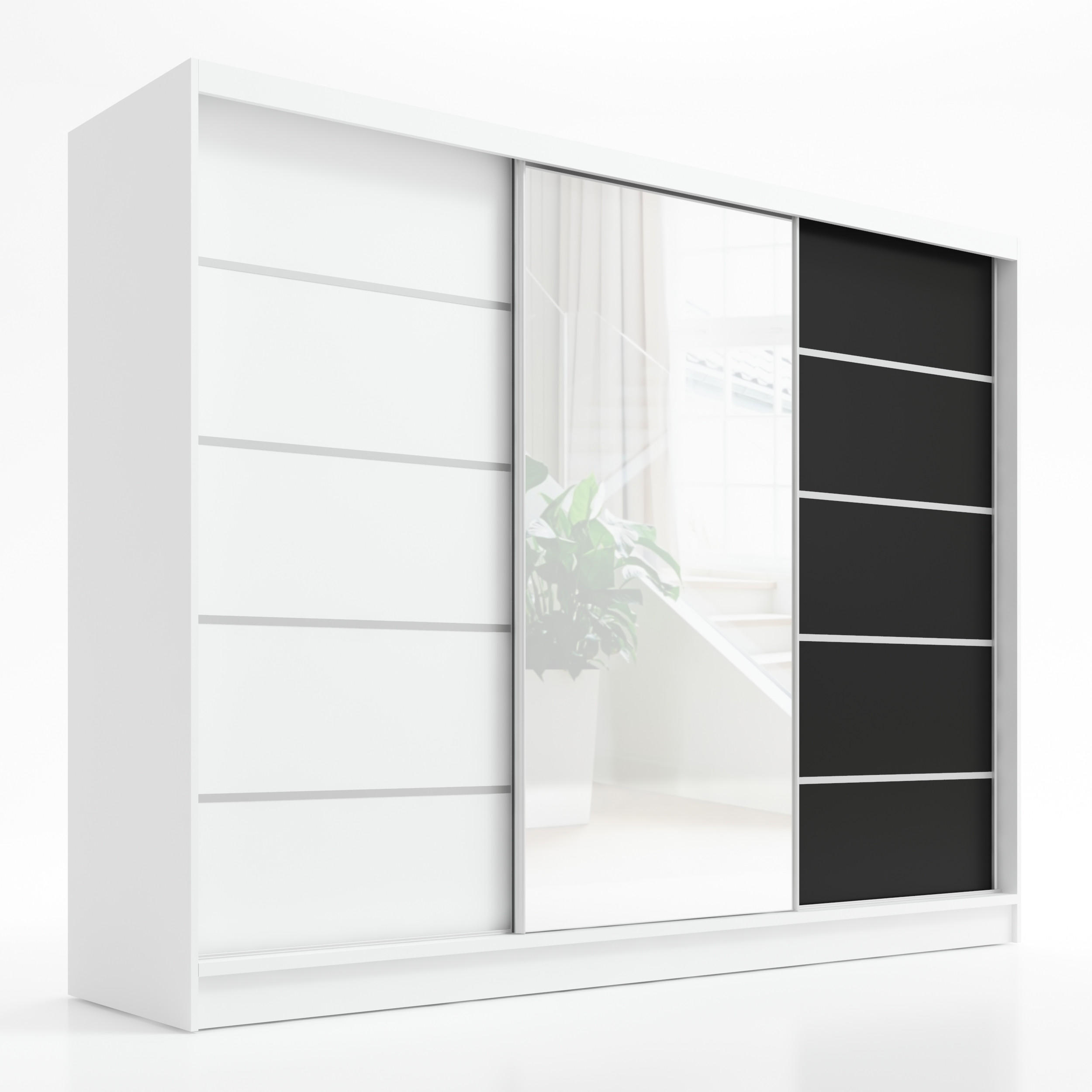 A&J MöbelLand Schwebetürenschrank Weiß, Weiß, Schwarz 200x215x60 cm
