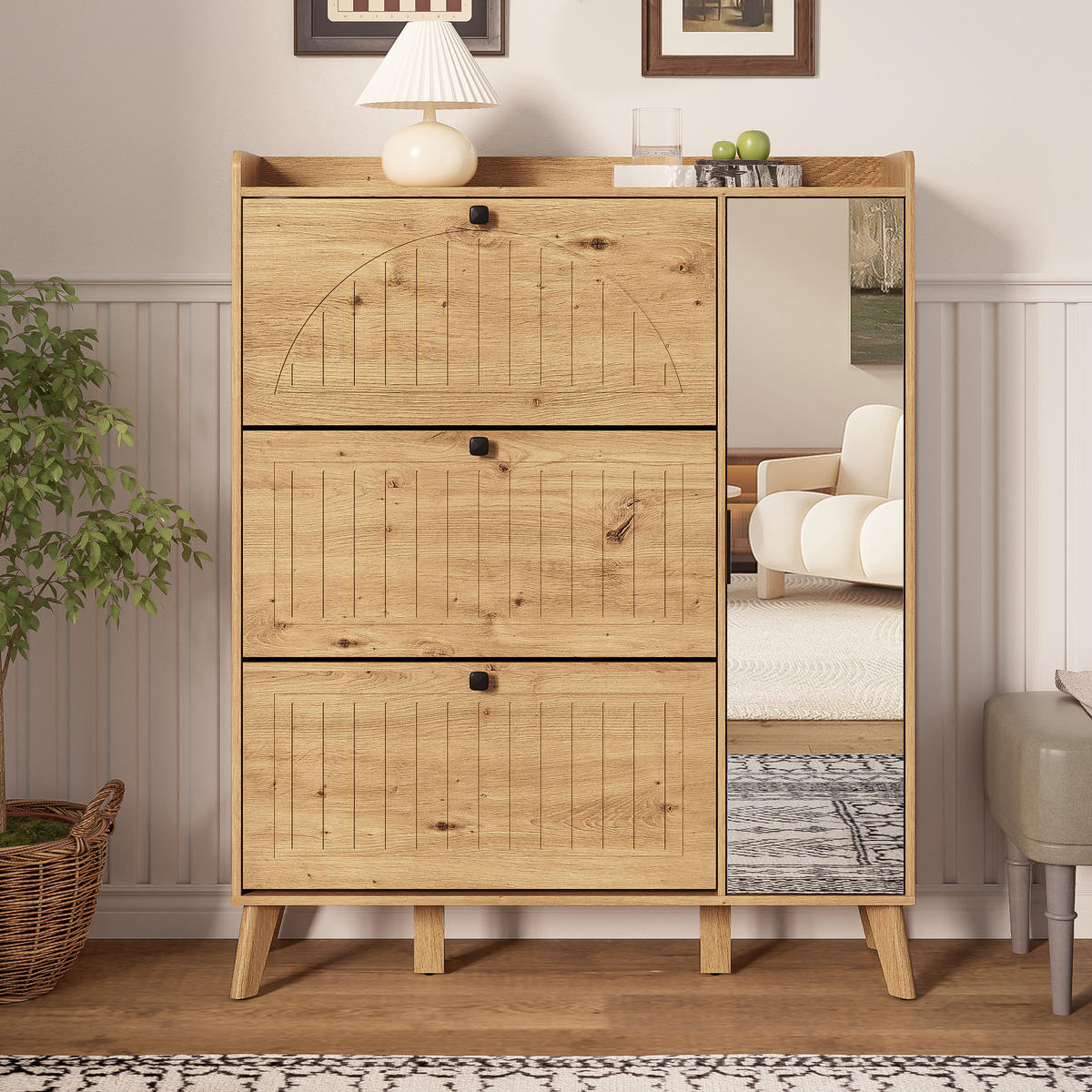 SCHUHSCHRANK Spiegel 110x24x137 cm 3 Klappen - Naturfarben, Holz (110/137.5/24cm) - LEBENLANG