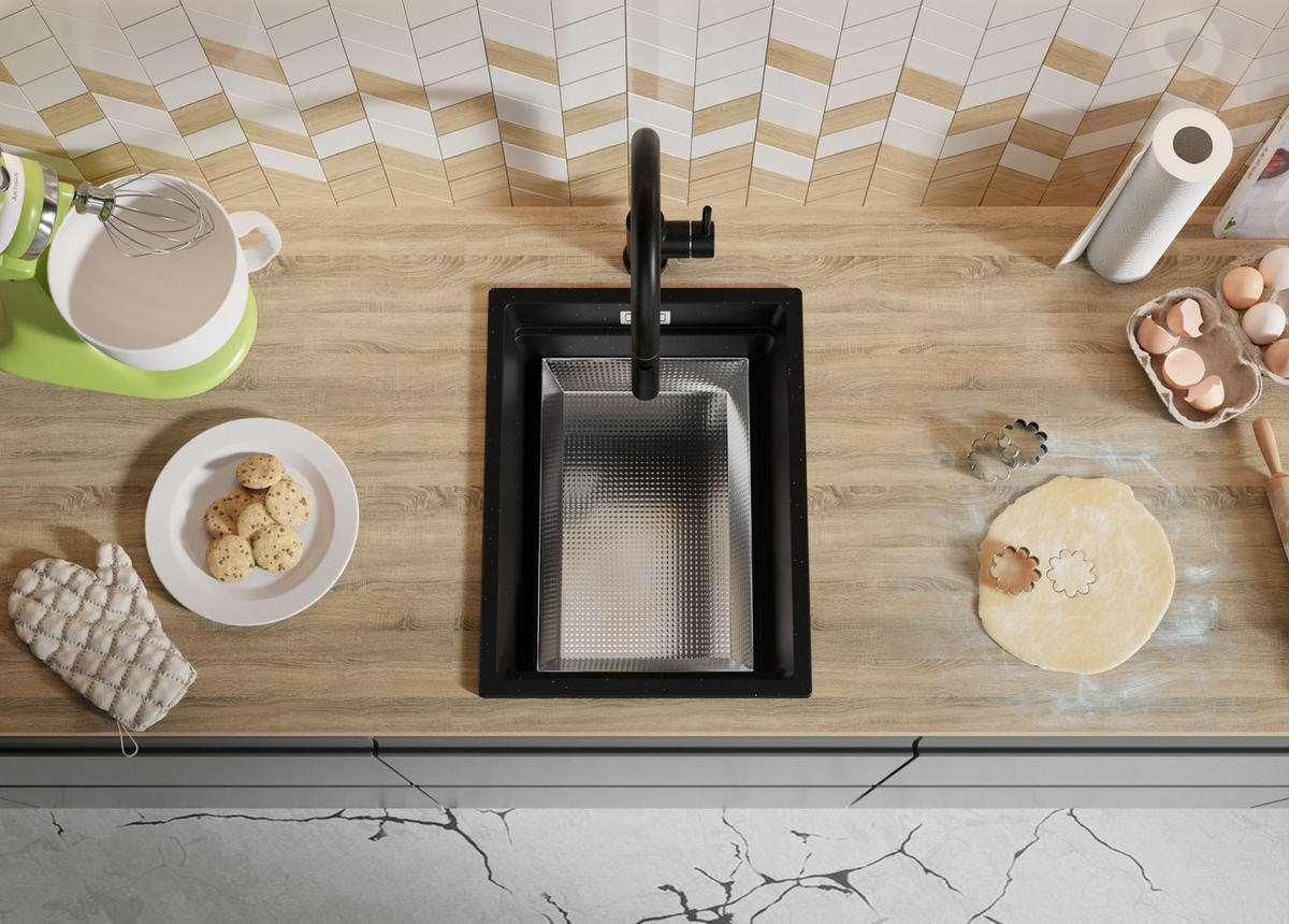 SPÜLBECKEN Praga Slim, 2-er set Schwarz Metallic 36/47 cm 1 Becken + Ablauf-Set + Aufrollbare Abtropffläche ab 40er Unterschrank - Chromfarben/Schwarz Hochglanz, Kunststoff (36/20/47cm) - Primagran