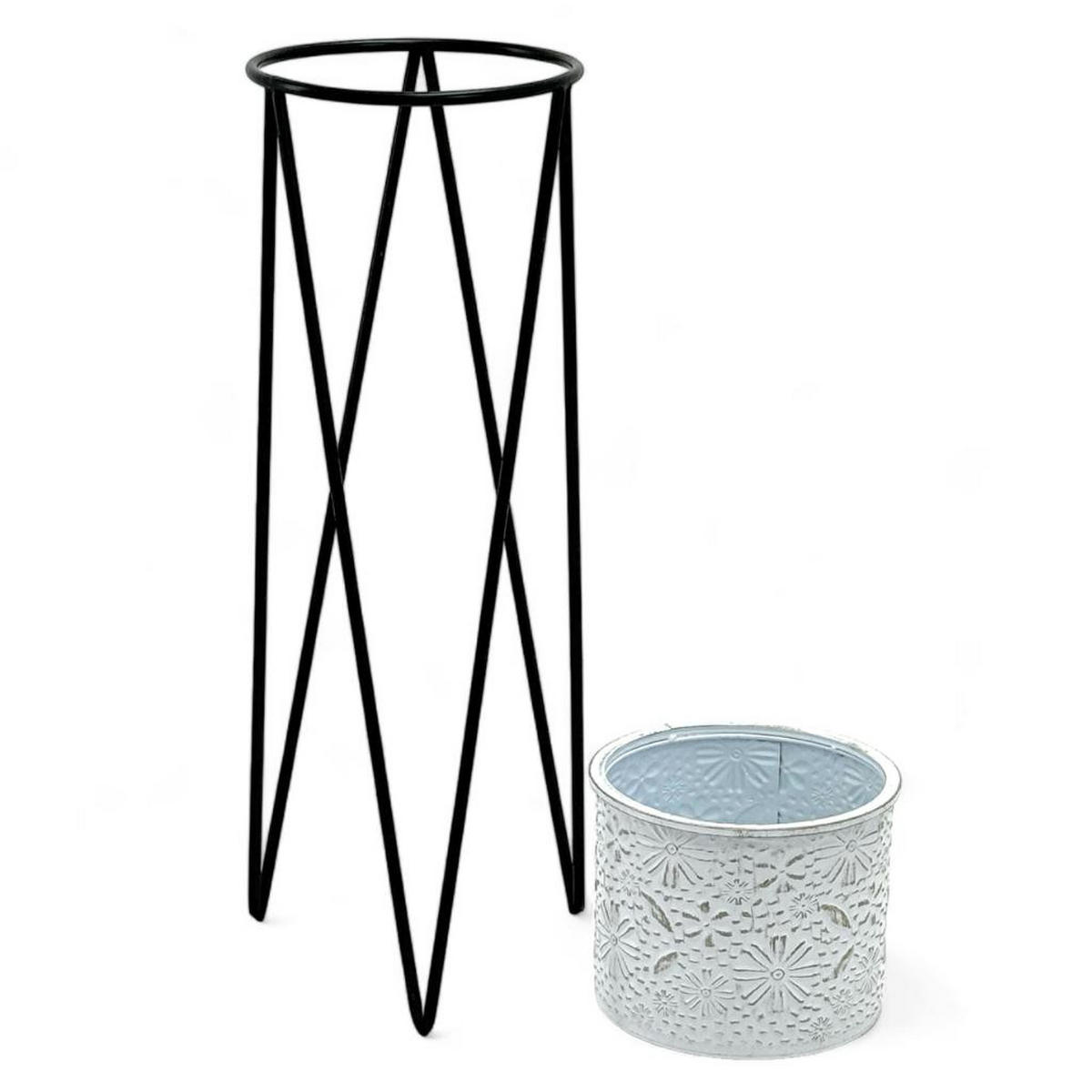 BLUMENHOCKER mit Topf Metall Schwarz/Weiß 28/28/75 cm - Schwarz, Metall (28/75/28cm) - DanDiBo