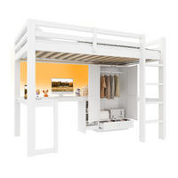 HOCHBETT aus Kiefernholz und MDF 90x200 cm Weiß mit Schreibtisch, Kleiderschrank, USB und LED-Beleuchtung - Weiß, Holzwerkstoff (90/200cm) - Modfu