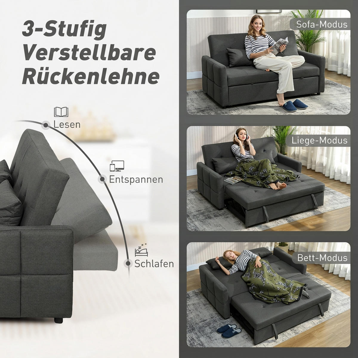 SCHLAFSOFA Polyester Dunkelgrau - Dunkelgrau/Schwarz, Kunststoff/Textil (85/85/160cm) - HOMCOM