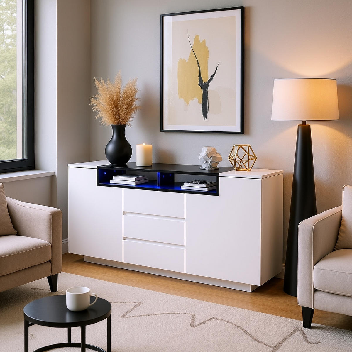 SIDEBOARD 140 cm 2 L-förmige Türen, 3 Schubladen, LED-Beleuchtung, Hochglanz Weiß & Schwarz - Weiß Hochglanz, Holzwerkstoff (140/48/60cm) - Urban Meuble